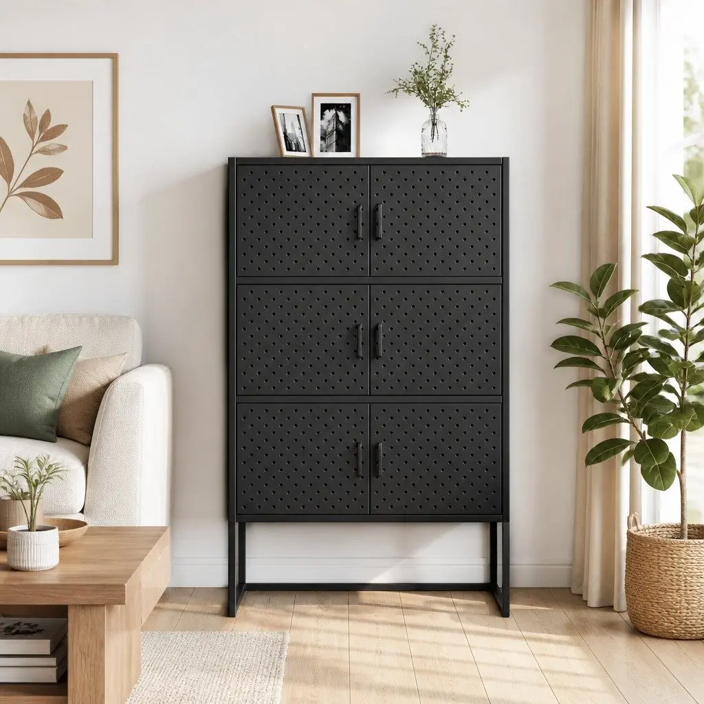 Storage Highboard Cabinet Black 6 Door Shelving Unit 80W x 35D x 135H cm