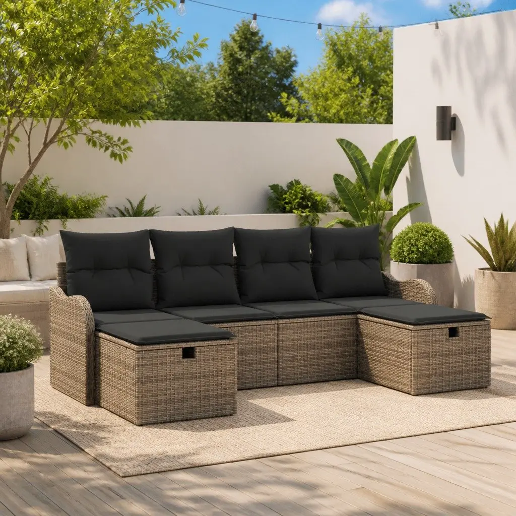 Outdoor Garden Sofa Set 6 Piece Modular Seating Grey Poly Rattan with Storage