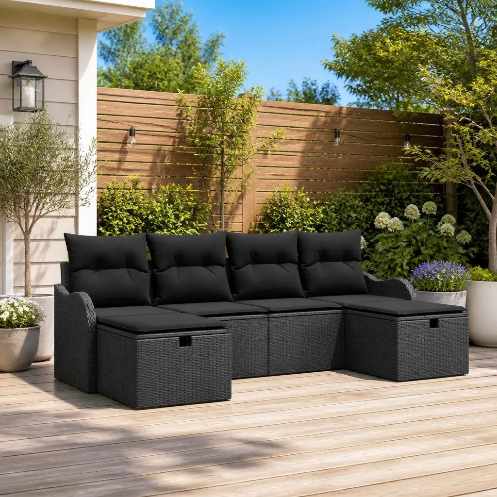 Modular Outdoor Sofa Set 6 Piece Garden Seating with Hidden Storage Black Poly