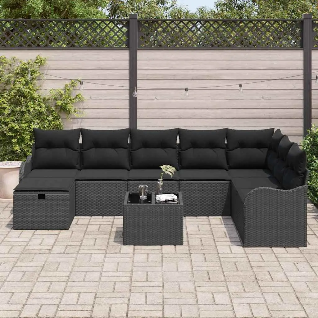 Outdoor Sofa Set Black Poly Rattan Garden Furniture with Storage Cushioned