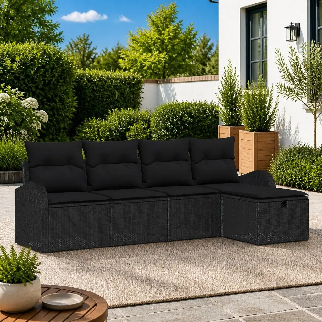 Modular Outdoor Sofa Set Sectional with Storage Black Poly Rattan Steel
