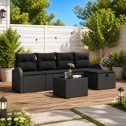 Outdoor Sofa Set 6 Piece Modular Garden Sectional Black Poly Rattan Storage