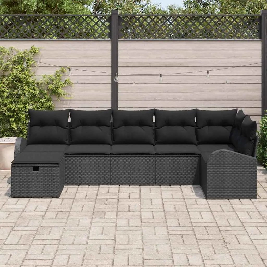 Outdoor Sofa Set 7pc Garden Furniture Black Poly Rattan with Storage Benches