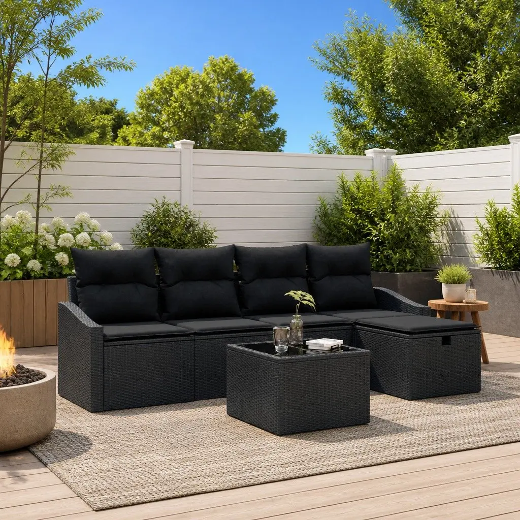 Modular Outdoor Sofa Set 6 Piece Garden Furniture with Storage Black Poly Rattan