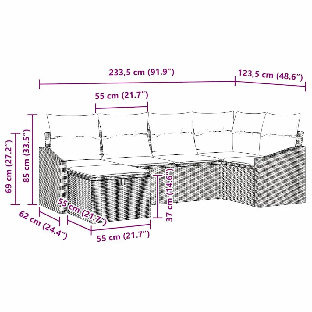 Outdoor Garden Sofa Set 6 Pieces Black Poly Rattan Modular Patio Furniture with