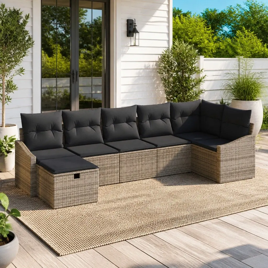 Outdoor Sofa Set Modular 7 Piece Grey Poly Rattan Garden Furniture