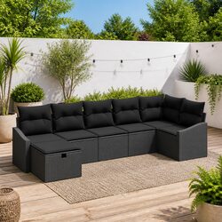 Outdoor Sofa Set with Storage Black Poly Rattan Garden Furniture Patio Seating