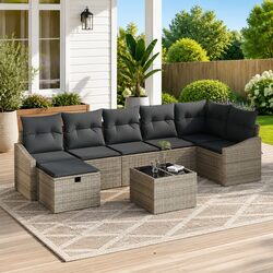Grey Poly Rattan Outdoor Sofa Set with Storage Cushioned Modular Garden