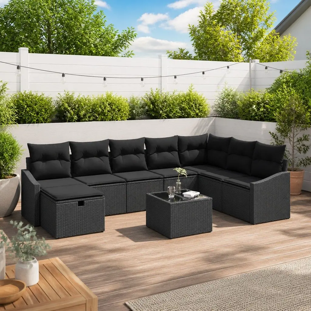 Outdoor Garden Sofa Set 9 Pieces Modular Black Poly Rattan Lounge Furniture
