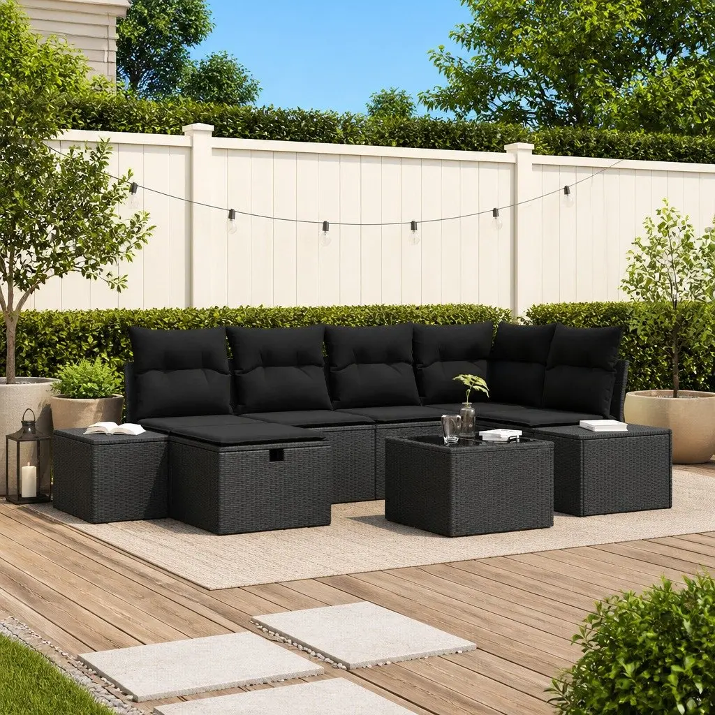 Garden Sofa Set Modular Outdoor Furniture 7 Piece Black Poly Rattan with Cushions