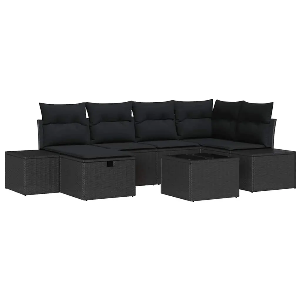 Garden Sofa Set Modular Outdoor Furniture 7 Piece Black Poly Rattan with Cushions