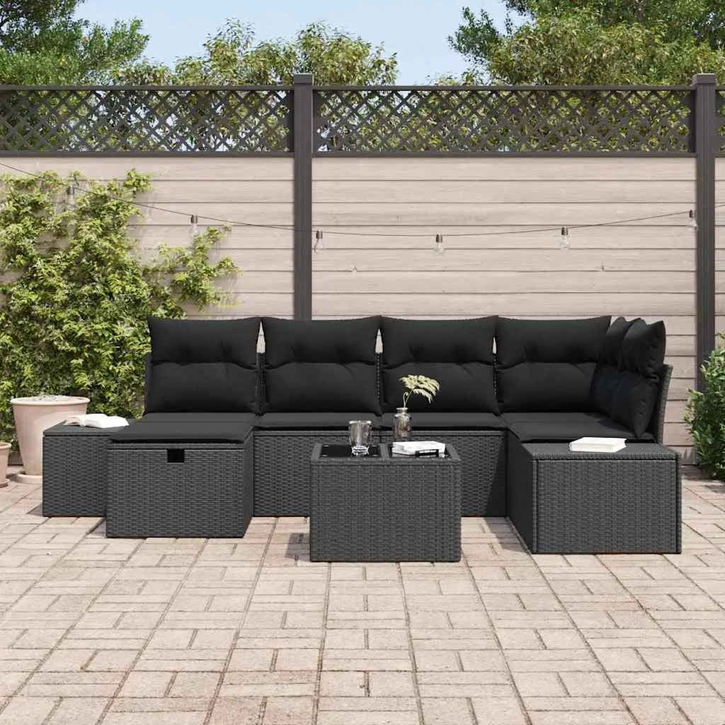 Garden Sofa Set Modular Outdoor Furniture 7 Piece Black Poly Rattan with Cushions