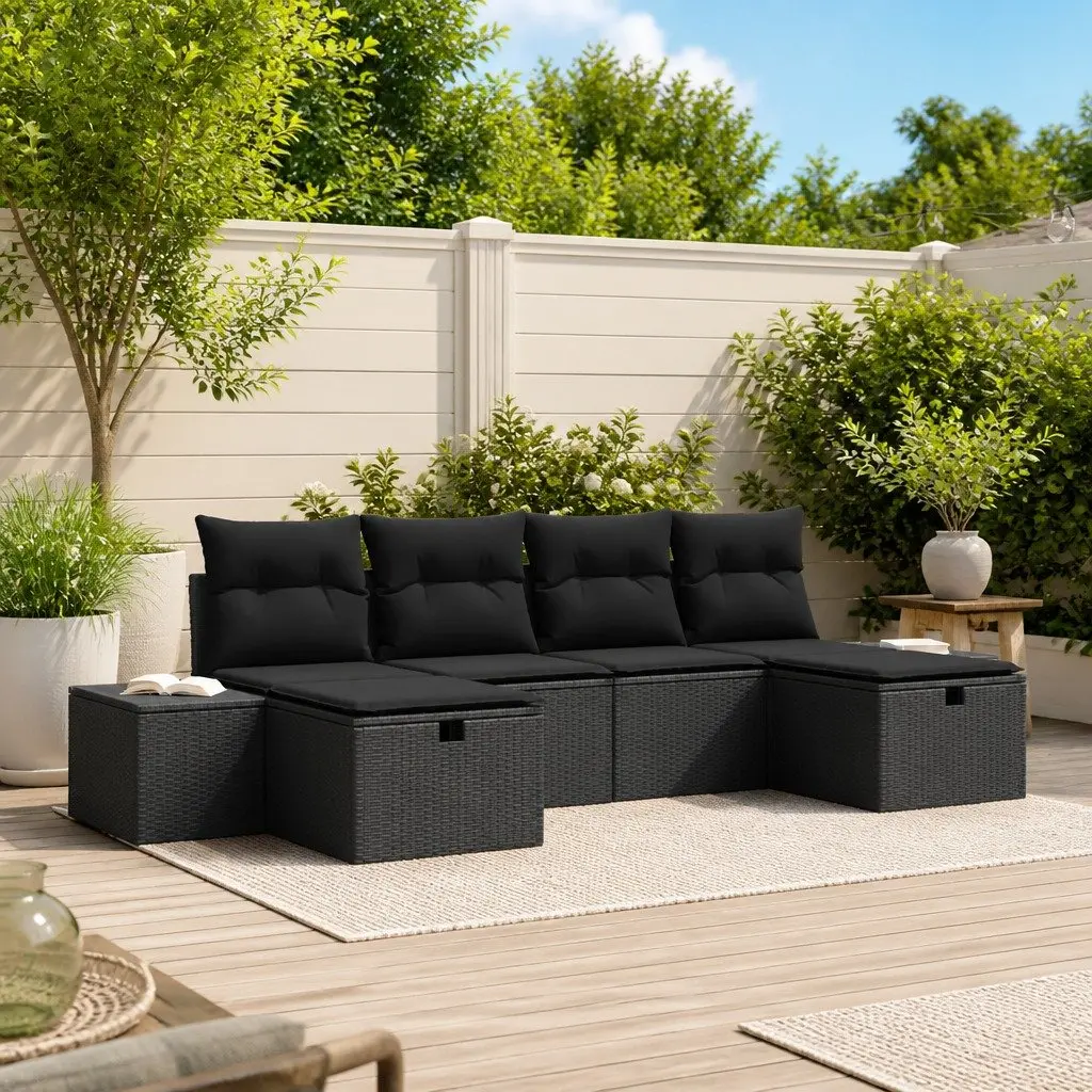Garden Sofa Set 6 Piece Outdoor Furniture Black Poly Rattan Modular Lounge