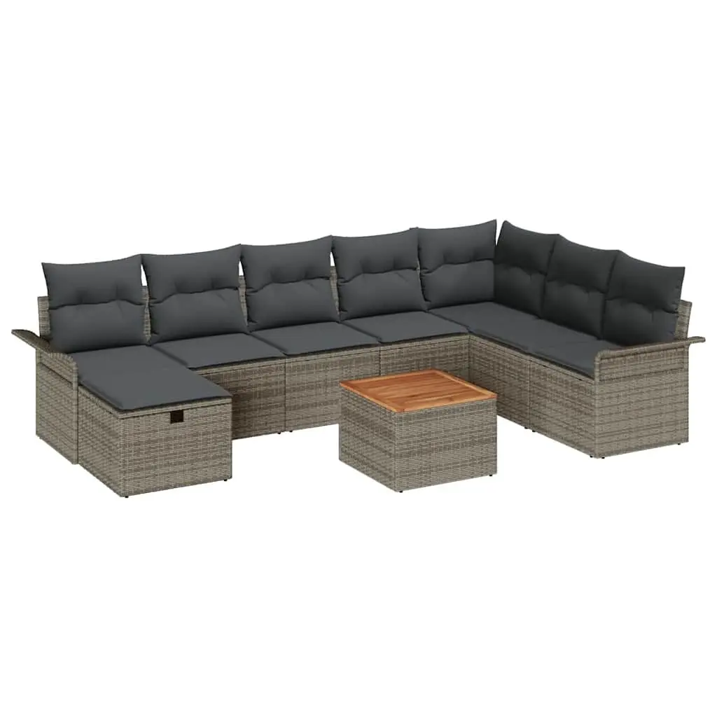 9 Piece Modular Outdoor Sofa Set Grey Poly Rattan Garden Seating with Cushions and Table