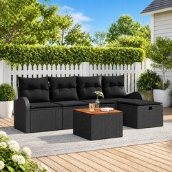 Comfortable 6-Piece Black Garden Sofa Set with Storage