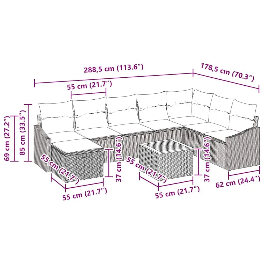 Garden Sofa Set Modular Outdoor Furniture 9 Pieces Grey Poly Rattan