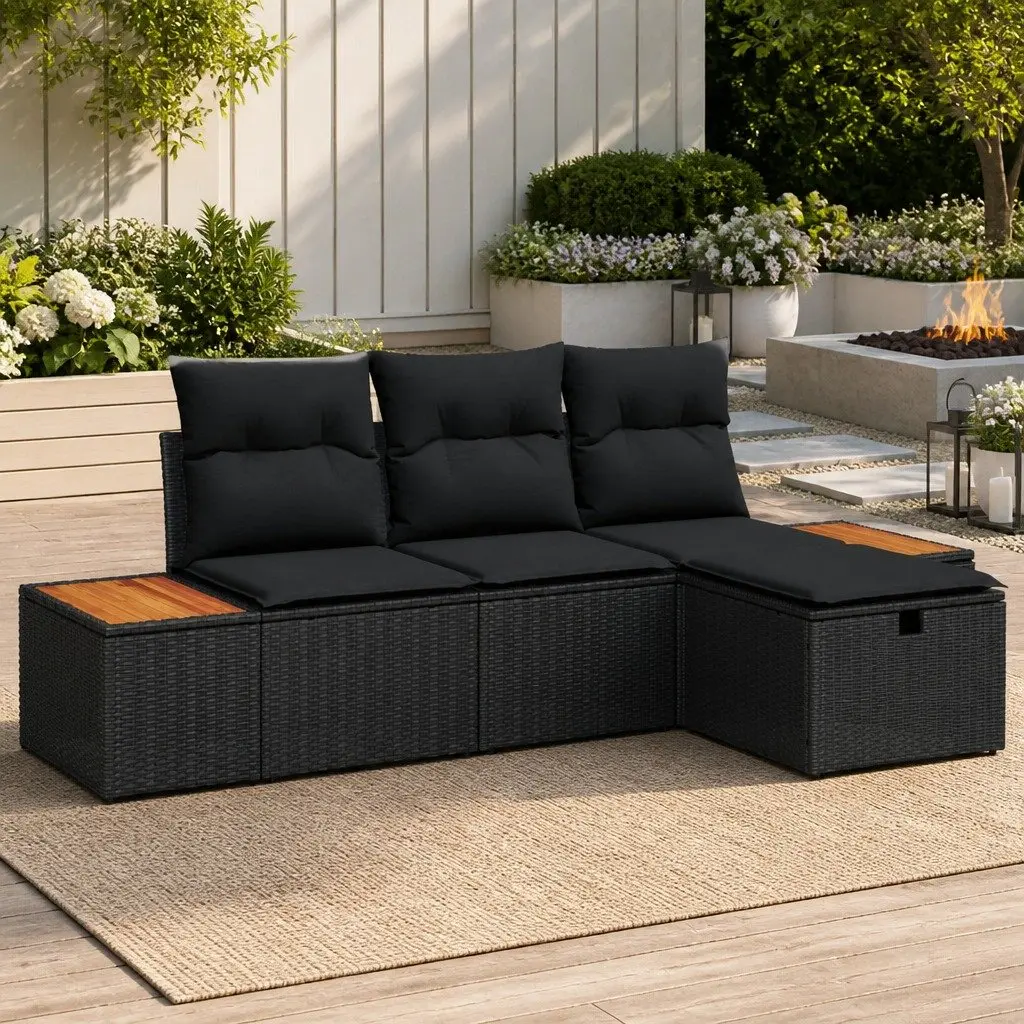 4 Piece Black Poly Rattan Garden Sofa Set Outdoor Furniture with Cushions Glass