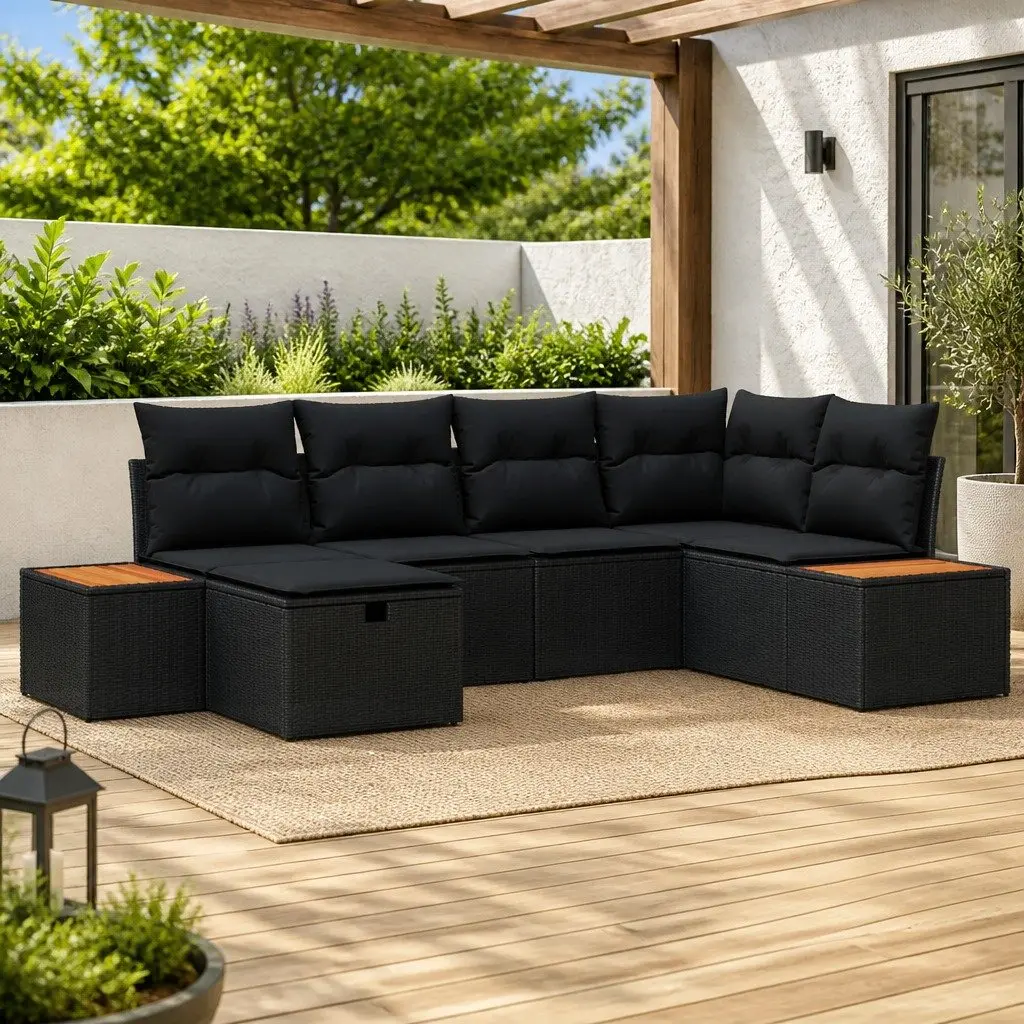 Garden Sofa Set Modular Outdoor Furniture 6 Piece Black Poly Rattan