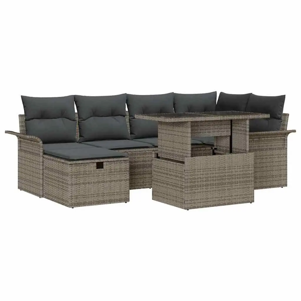 Outdoor Patio Furniture Set 7 Piece Grey Poly Rattan Sofa with Cushions for Garden and Terrace