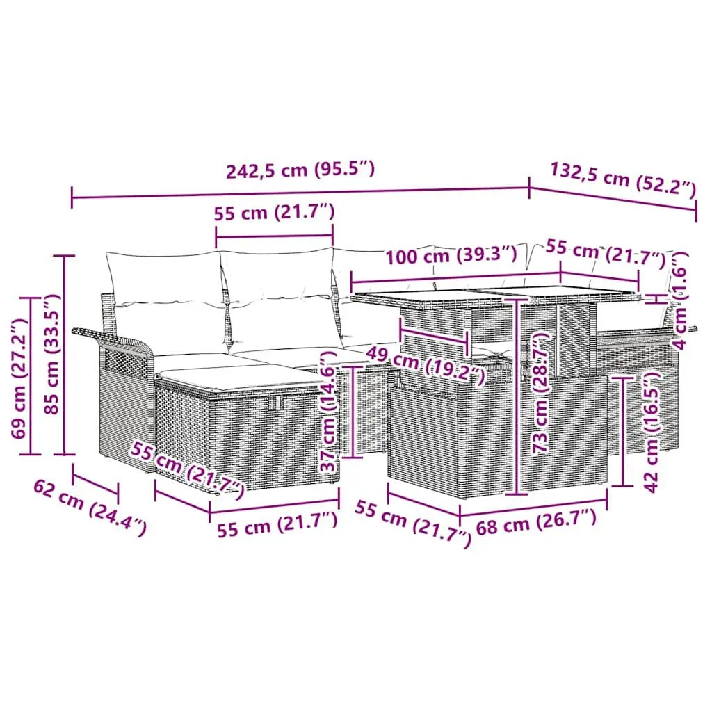 Outdoor Patio Furniture Set 7 Piece Grey Poly Rattan Sofa with Cushions for Garden and Terrace