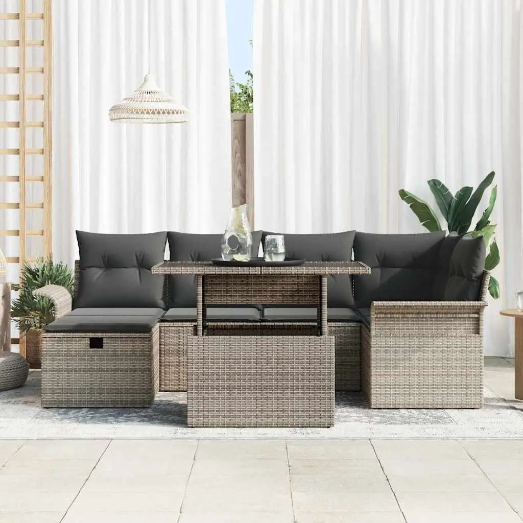 Outdoor Patio Furniture Set 7 Piece Grey Poly Rattan Sofa with Cushions for Garden and Terrace