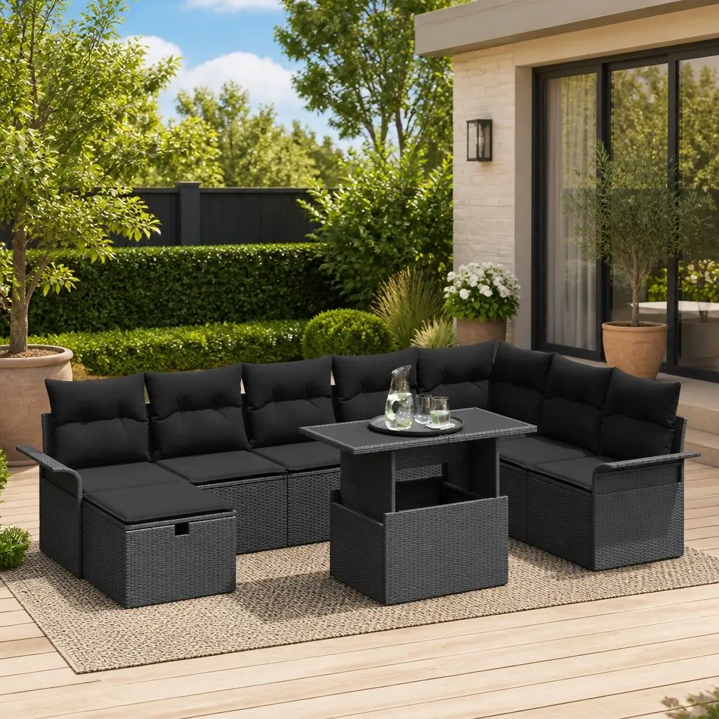 Modular Garden Sofa Set 9 Pieces Black Outdoor Furniture