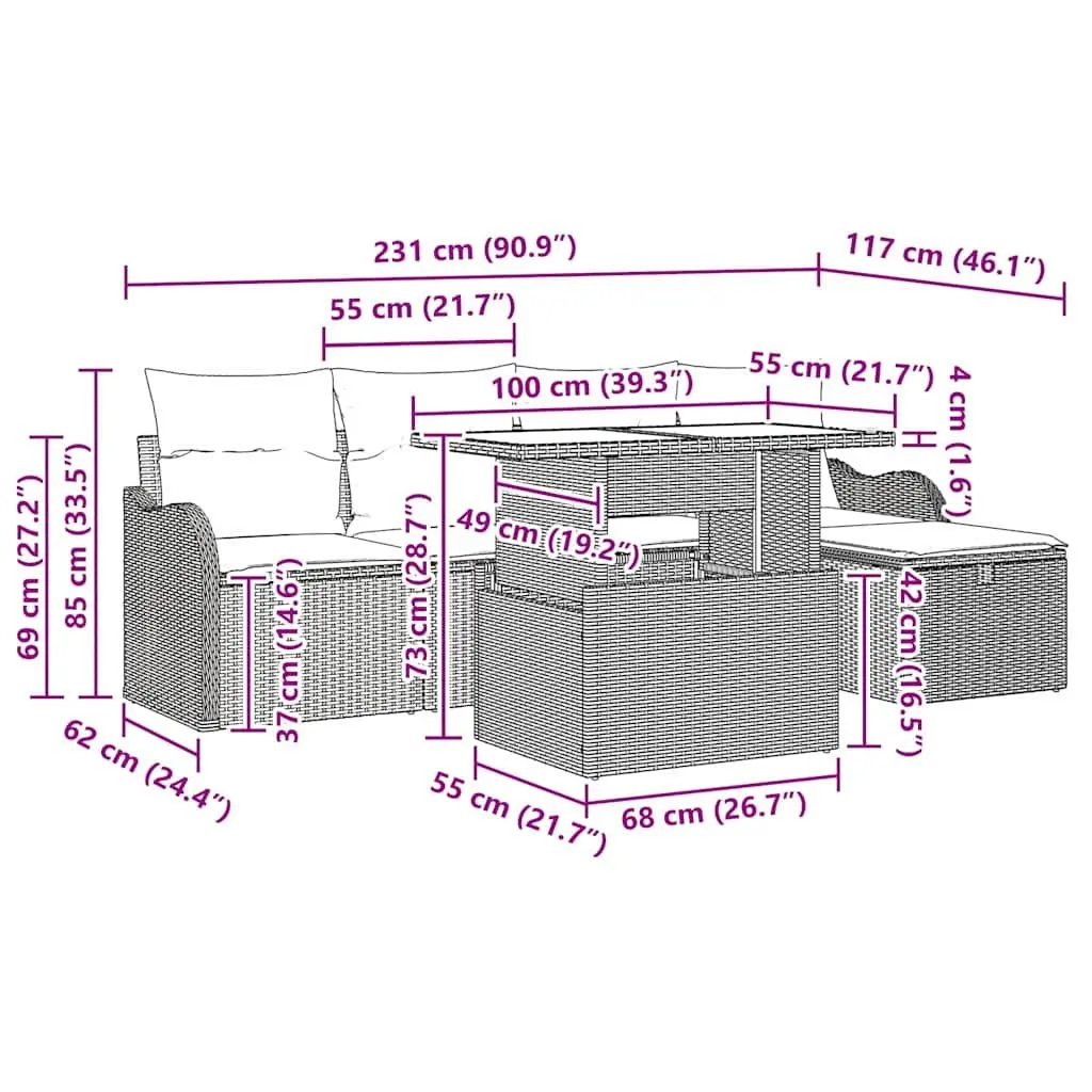 Modular Garden Sofa Set 6 Piece Outdoor Furniture Storage Table Black