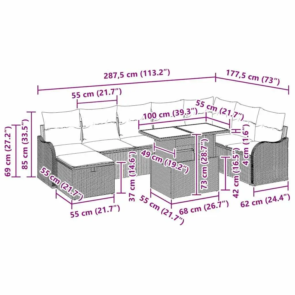 Modular Garden Sofa Set 9 Pieces Outdoor Seating Black Poly Rattan with Cushions Table