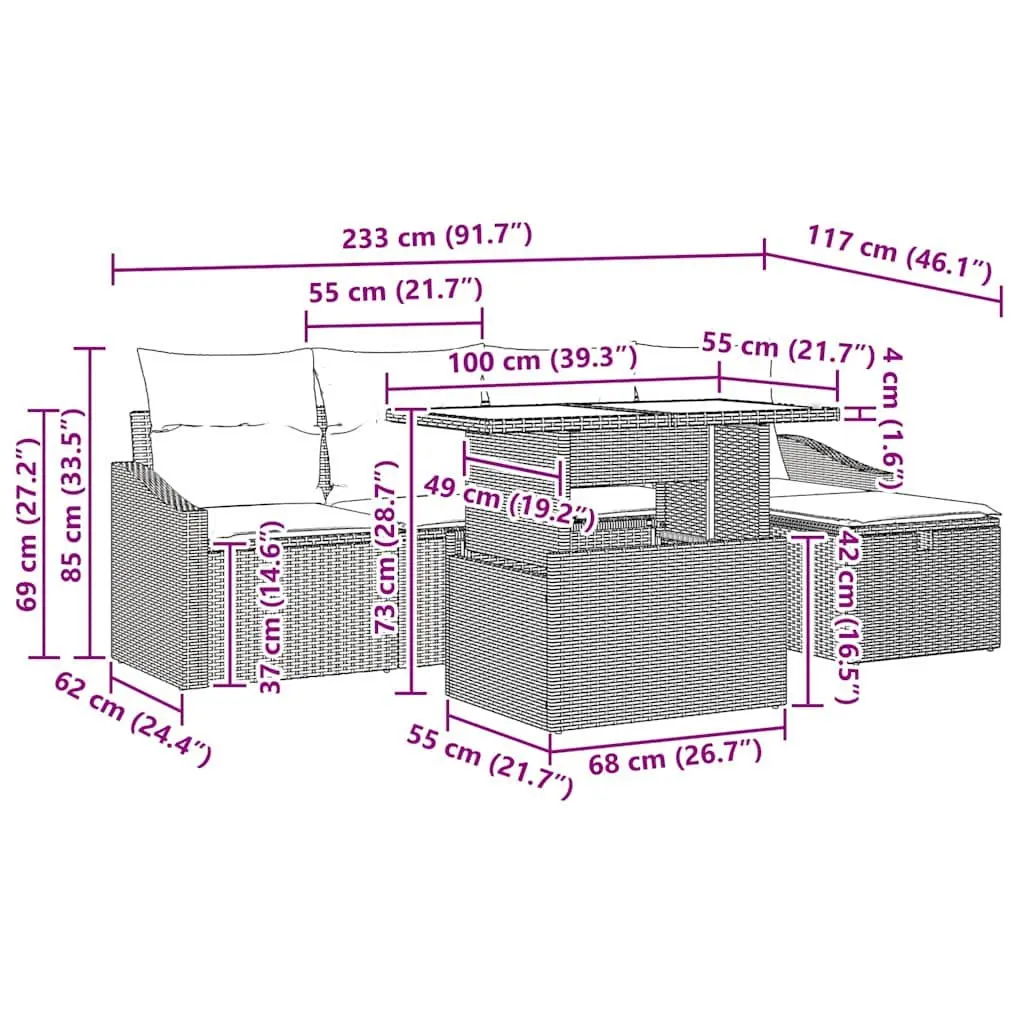 Modular Garden Sofa Set 6 Piece Outdoor Furniture with Cushions Light Grey Poly