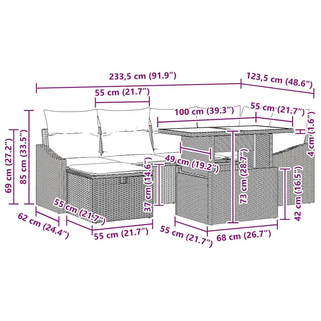 Modular Garden Sofa Set 7 Piece Outdoor Relaxation Poly Rattan Brown