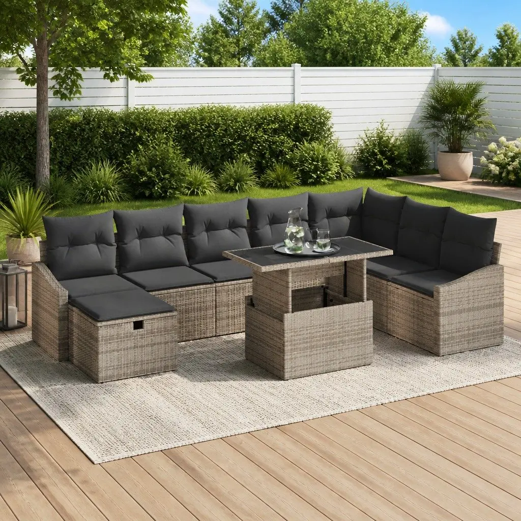 Modular Garden Sofa Set 9 Piece Outdoor Furniture Storage Brown Poly Rattan