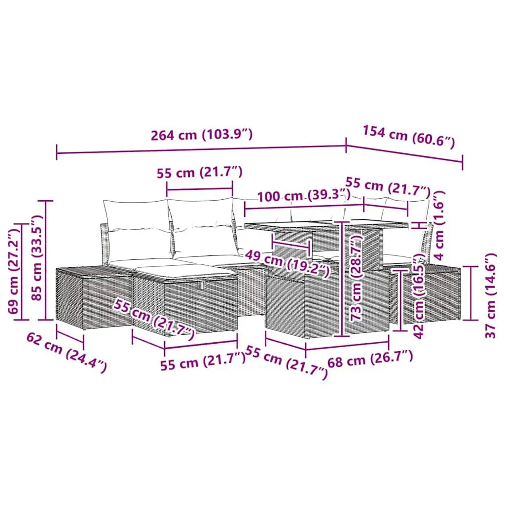 7 Piece Modular Garden Sofa Set Outdoor Seating Black with Cushions and Glass Table