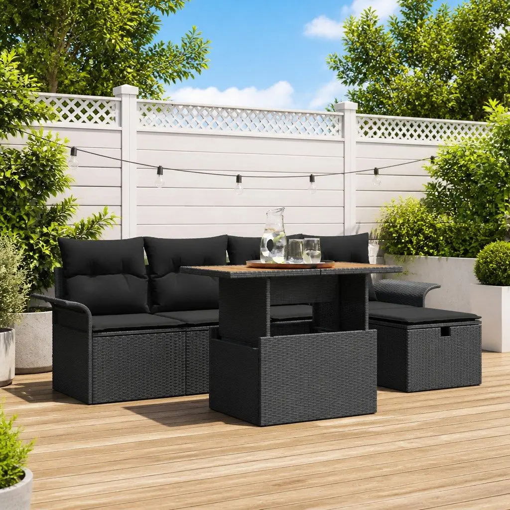 Modular Lounge Sofa Set Outdoor Garden Seating 6 Piece Black Poly Rattan