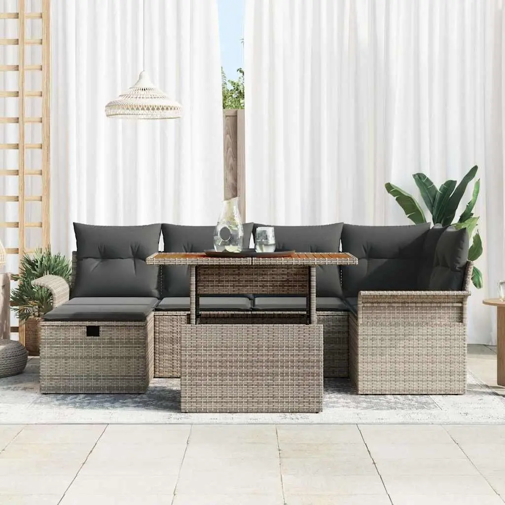 Garden Sofa Set 7 Pieces Outdoor Furniture Grey Poly Rattan with Cushions
