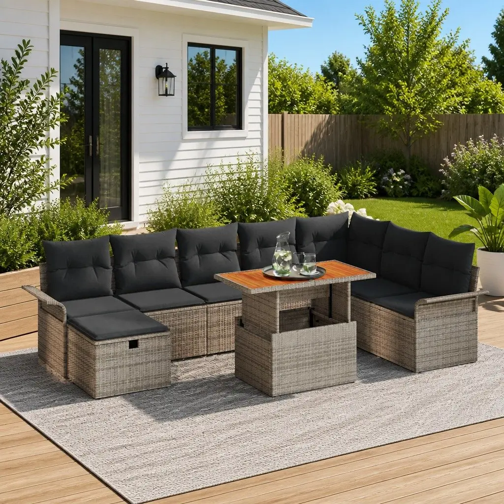 Garden Sofa Set Outdoor Furniture 9 Piece Modular Lounge Grey Poly Rattan