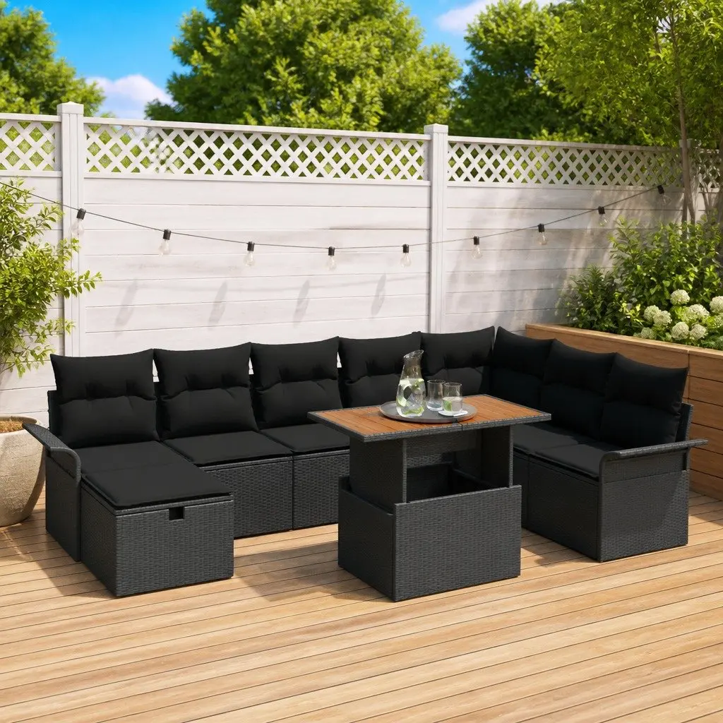 Garden Sofa Set Outdoor Furniture 9 pcs Black Poly Rattan Modular Lounge Seating