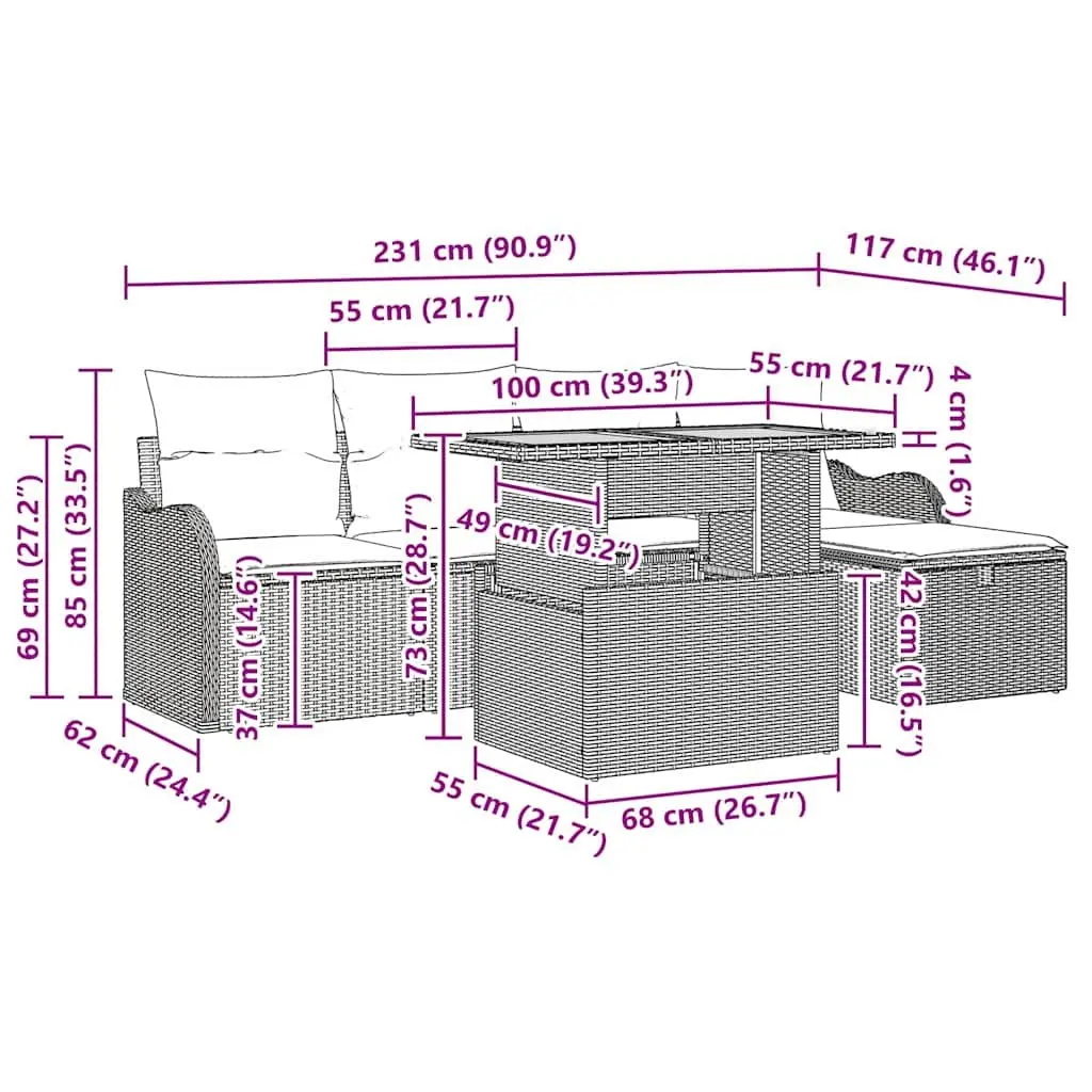 Outdoor Garden Sofa Set Modular Furniture 6 Piece Black Poly Rattan with Cushions