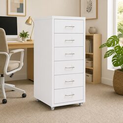 Mobile Filing Cabinet 6 Drawer Office Storage with Wheels White Metal Organizer