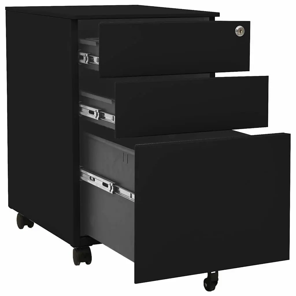 Mobile File Cabinet Steel Office Filing Storage 3 Drawer Lockable Black