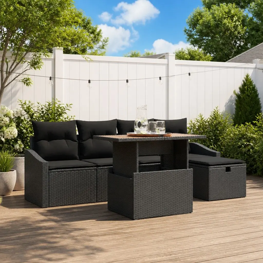 Patio Furniture Set Black Poly Rattan Outdoor Sofa 6 Piece with Cushions for Terrace Garden and Patio Living Spaces
