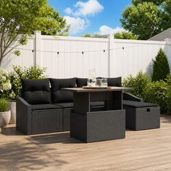 Comfortable 6 Piece Black Garden Sofa Set with Cushions