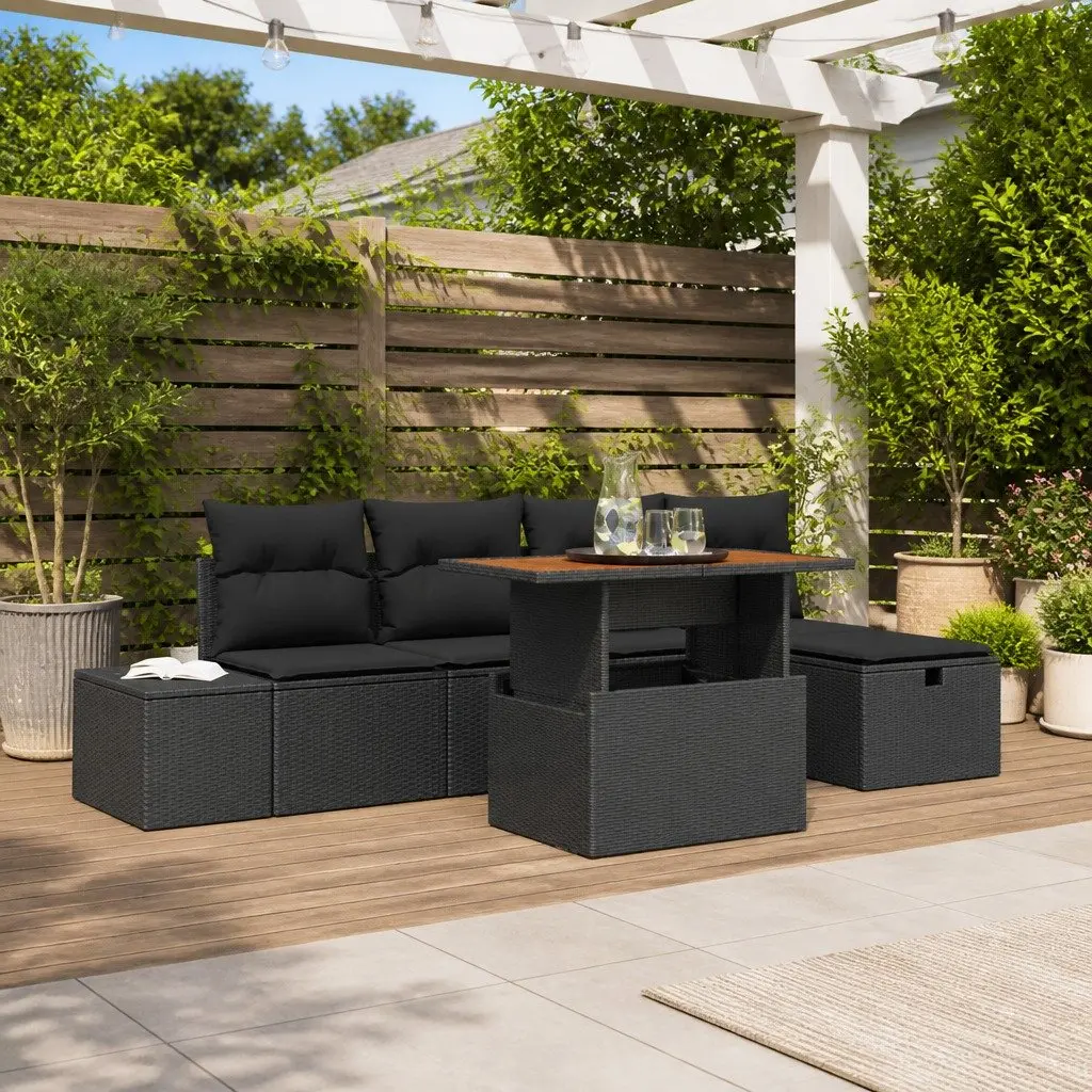 Outdoor Garden Sofa Set 6 Piece Black Poly Rattan Patio Furniture with Cushions