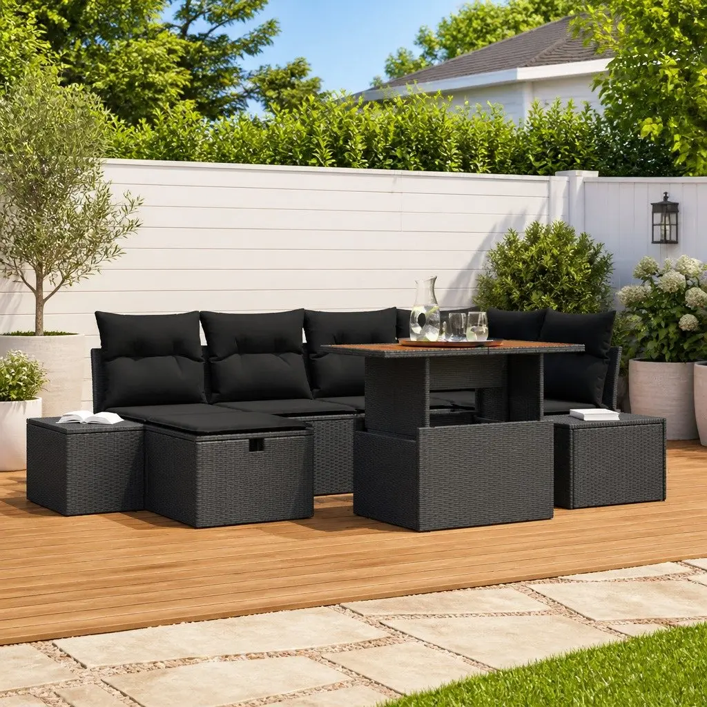 Garden Sofa Set Outdoor Furniture 7 Pieces Modular Black Poly Rattan