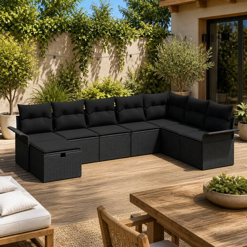 Garden Sofa Set 8 Piece Modular Outdoor Seating Black Poly Rattan with Cushions