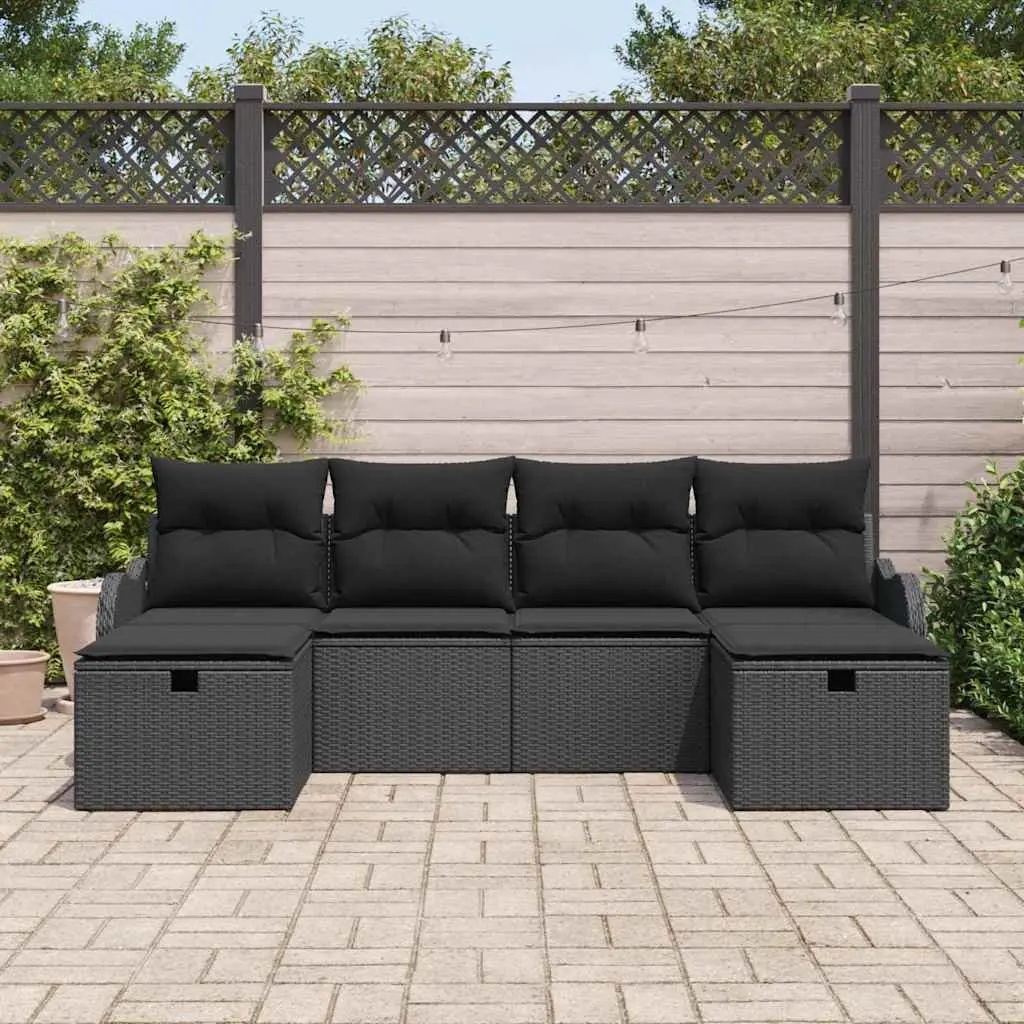 Garden Sofa Set 6 Pieces Modular Outdoor Furniture Black Poly Rattan Cushion