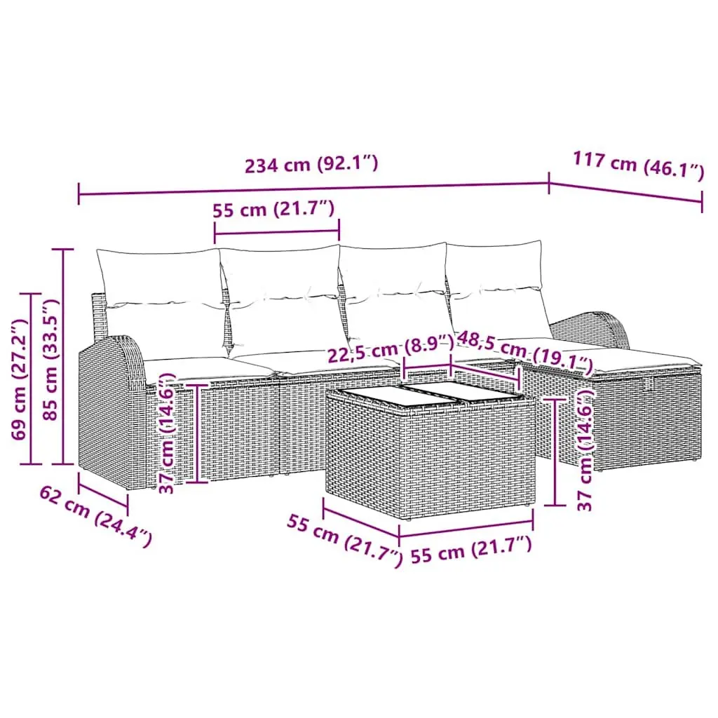 Modular Garden Sofa Set 6 Piece Grey Outdoor Patio Furniture