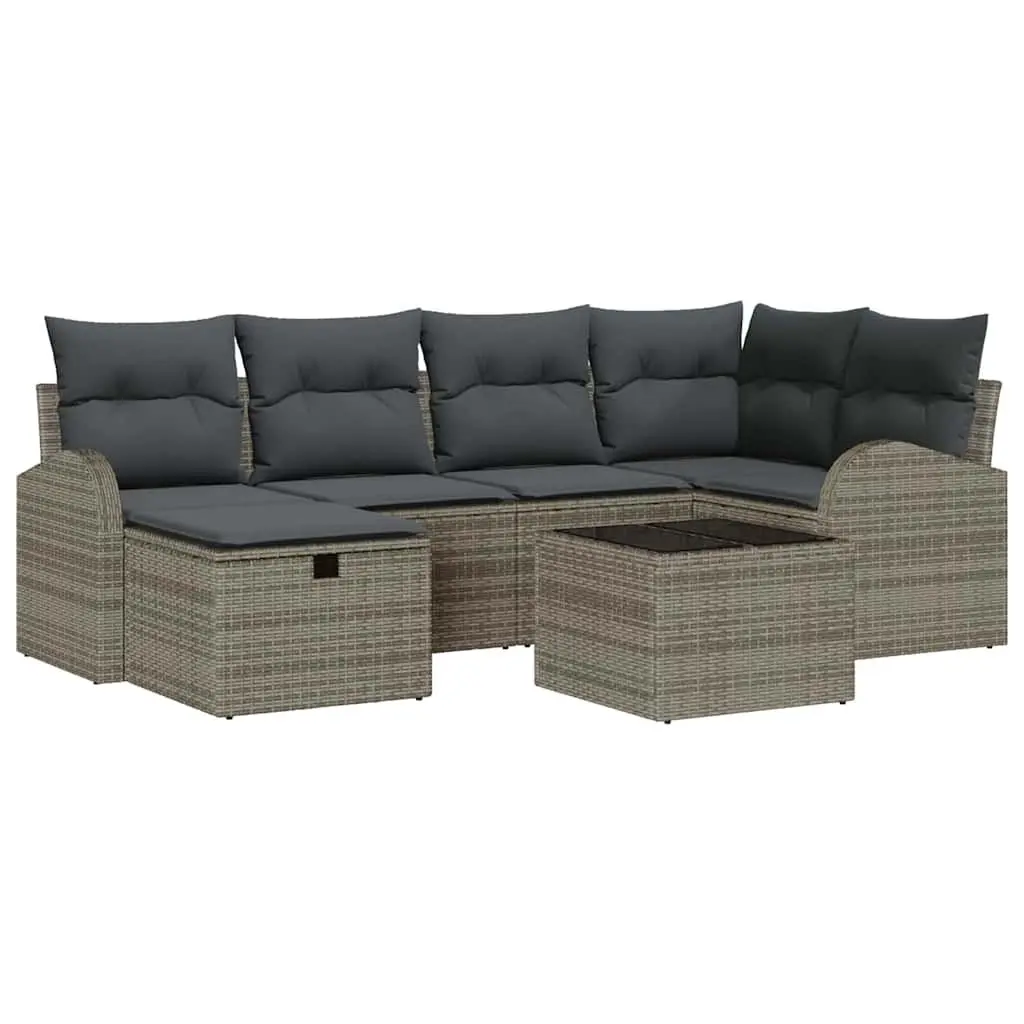 7 Piece Grey Poly Rattan Garden Sofa Set Modular Outdoor Sectional with Cushions