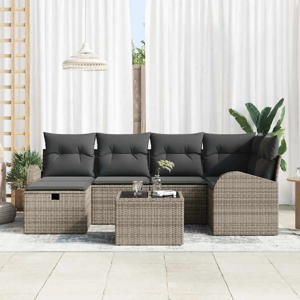 7 Piece Grey Poly Rattan Garden Sofa Set Modular Outdoor Sectional with Cushions