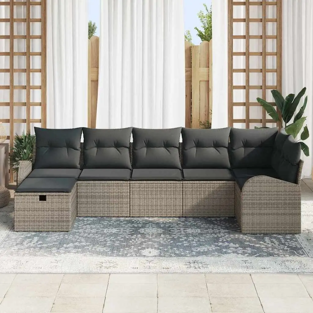 Garden Sofa Set 7 Pieces Outdoor Furniture Poly Rattan Acacia Wood Grey