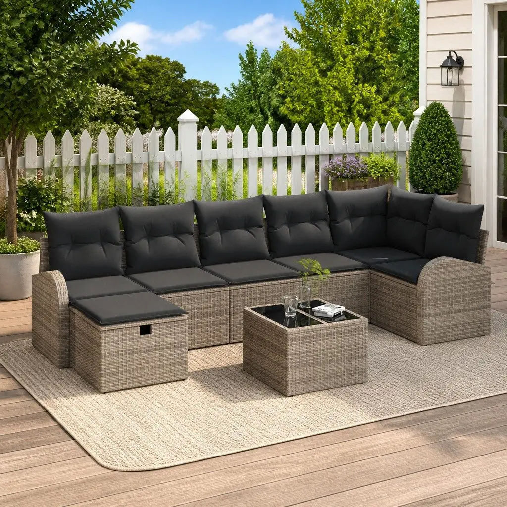 Garden Sofa Set 8 Pieces Grey Poly Rattan Outdoor Furniture with Cushions